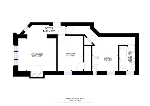Floor plan for 1 bed, 1 bath, 490 sqft